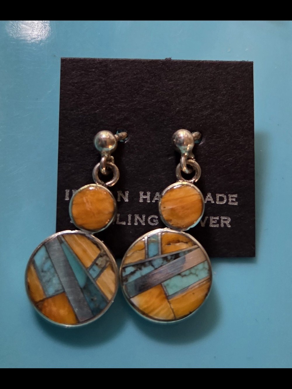 Handmade Turquoise & Spiny Oyster Inlay Drop Earrings